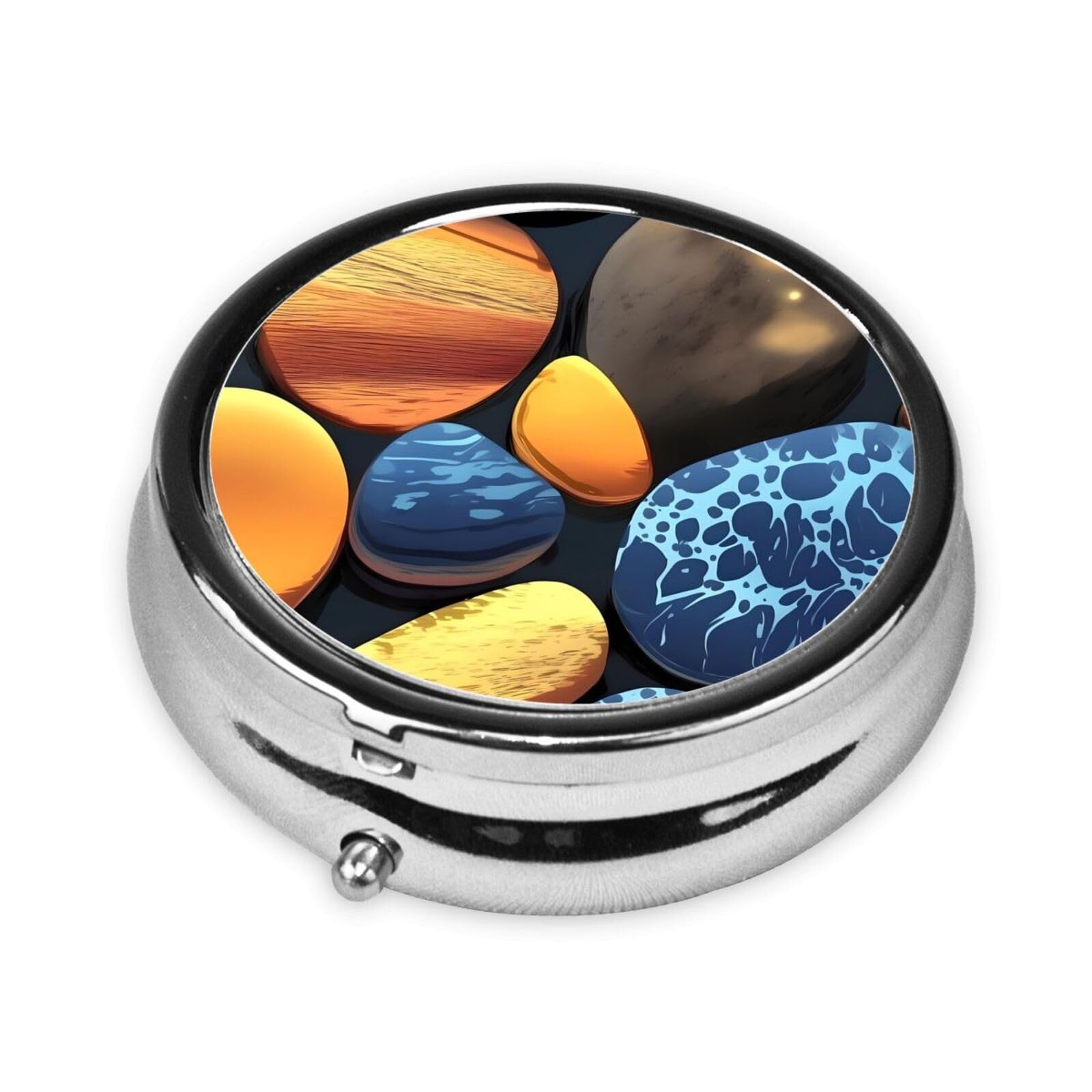 Cute 3-Compartments Round Pill Box Yellow Pebbles Small Pill Case Portable Medicine Dispenser,for Pocket Purse
