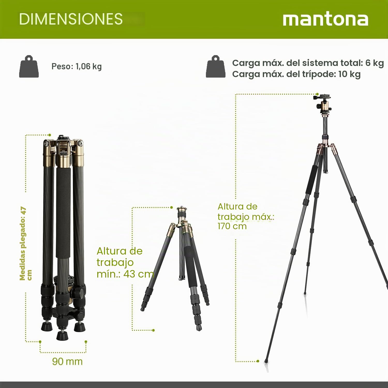 Mantona Titanium Carbon Stativ - Trípode Completo, Gris metálico