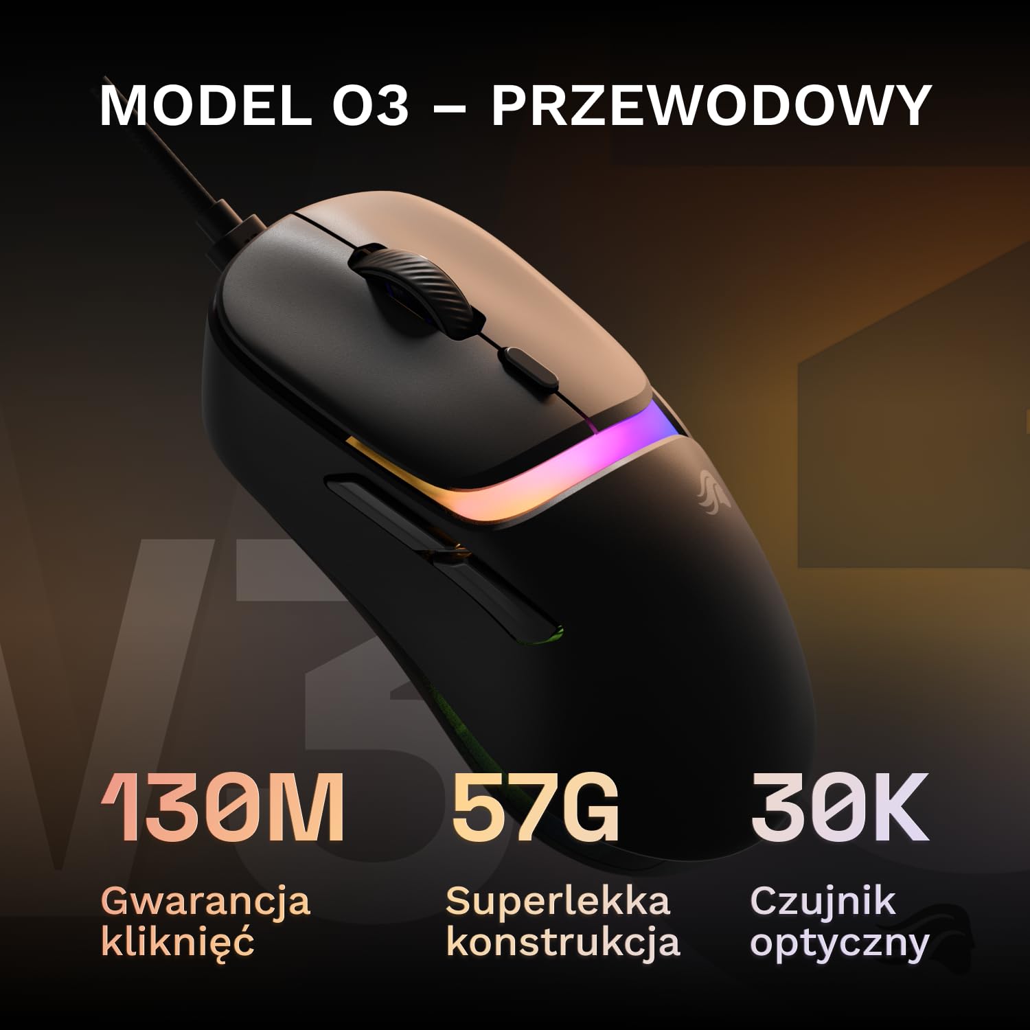 GLORIOUS Gaming – przewodowa mysz gamingowa Model D3 – Ultralekkie 57 g, przełączniki optyczne na 130M kliknięć, Sensor BAMF 3.0 z 30k DPI, śledzenie 750 IPS, akceleracja 50G, wszystkie chwyty, czerń