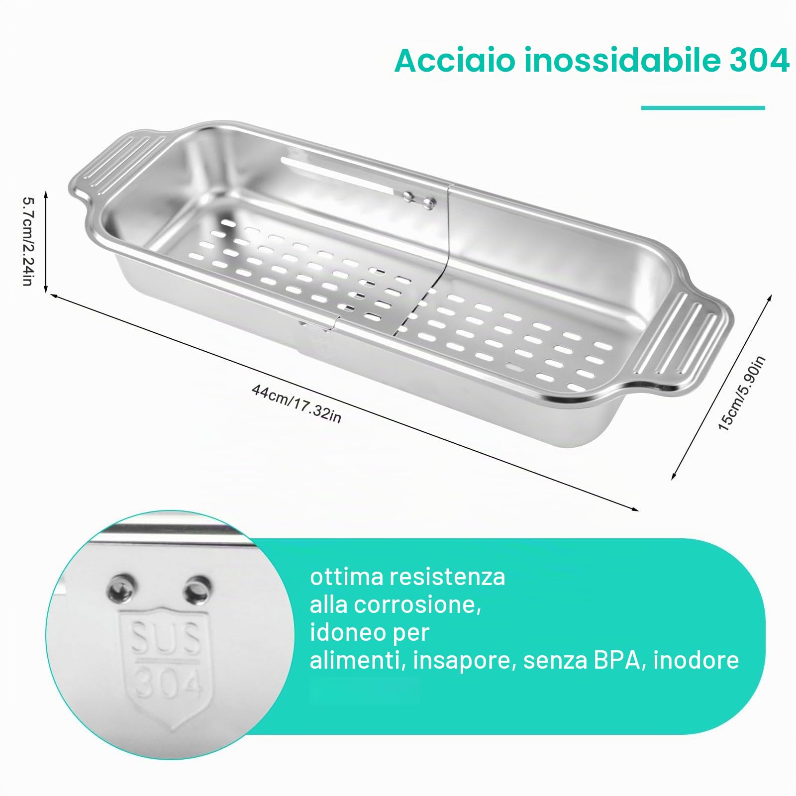 Scolapasta estensibile, sopra il lavandino Scolapasta rettangolare allungabile in acciaio inox 304 lavare frutta e verdura, scolare la pasta cotta e i piatti secchi