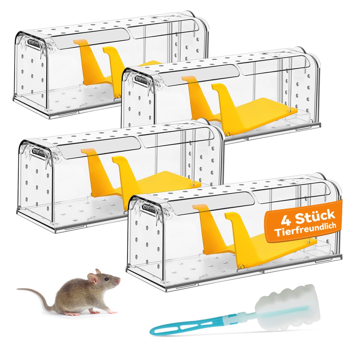 KENNEAS Mausefalle Lebend 4er Pack, Lebendfalle Maus, Wiederverwendbar, Tierfreundliche, Hochsensitive Quick Release, Kontakt mit Mäusen vermeiden - Gartenzubehör(4, Transparent)