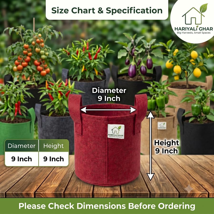 Image of 400 GSM Geo Fabric Round Grow Bags 9x9 Inch with Handle, Red Planting Bags for Terrace and Kitchen Gardening Pack of 1