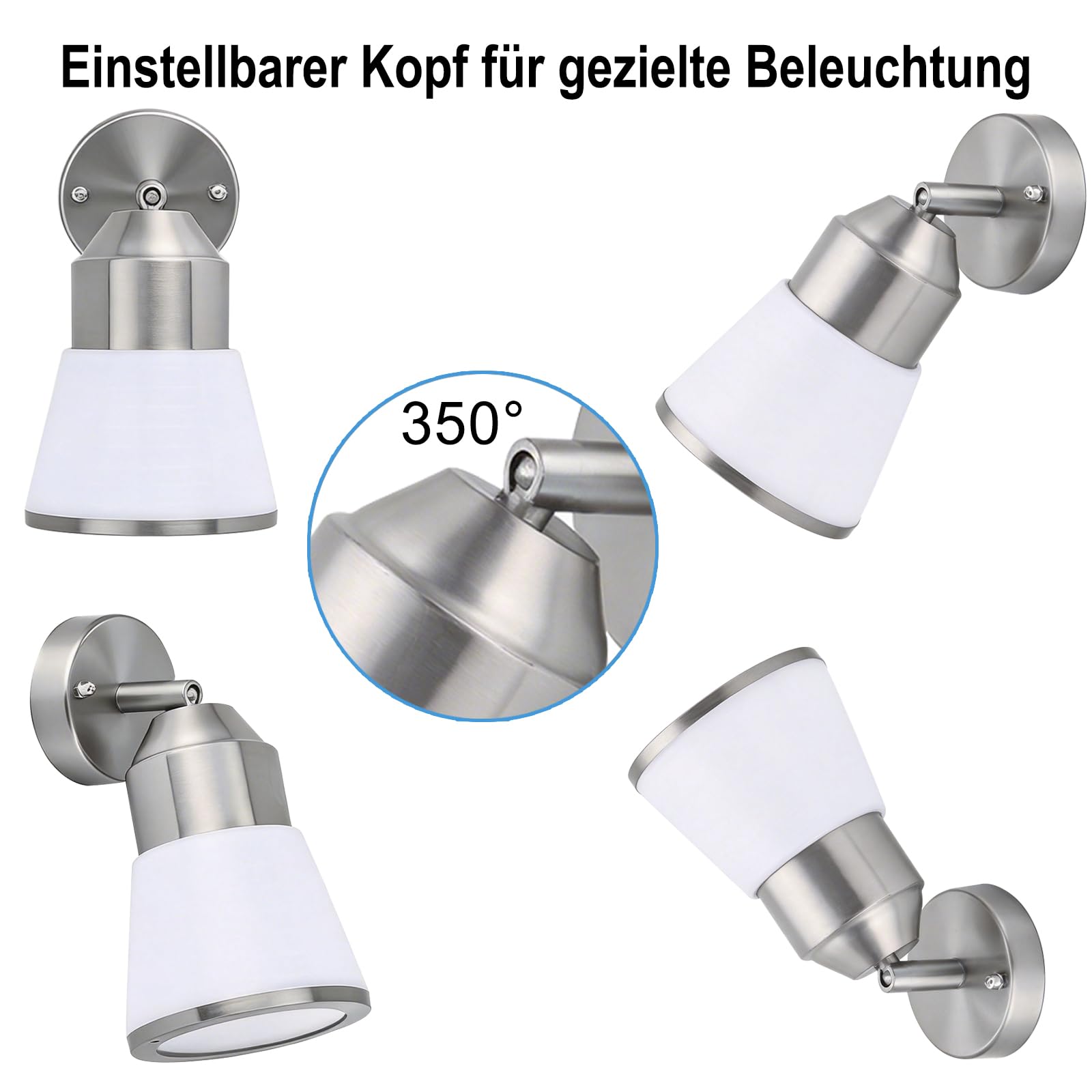 2 Stück Wandleuchte Aussen mit 350° Schwenkbar, IP44,Edelstahl,Silber | E27 Fassung Außenlampe für Hauswand Garten