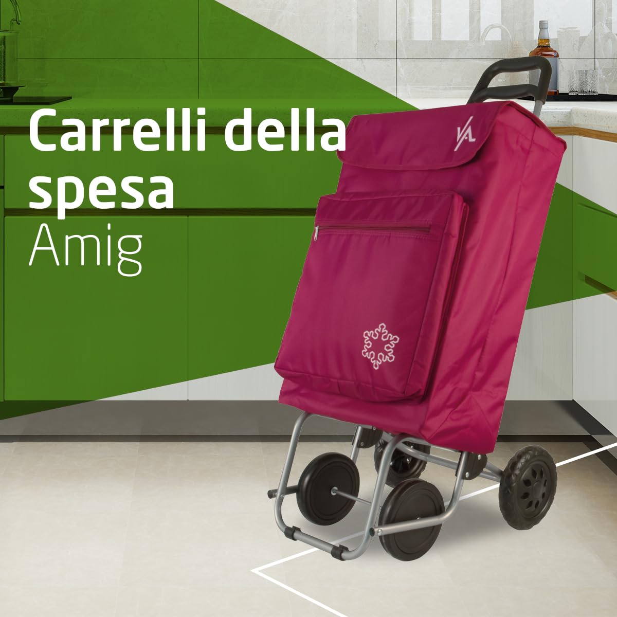 Amig - Carrello spesa - Carrello spesa 4 ruote - Pratico e capiente con tasca esterna - 22 x 40 x 106 cm - Tessuto/Metallo - Rosso