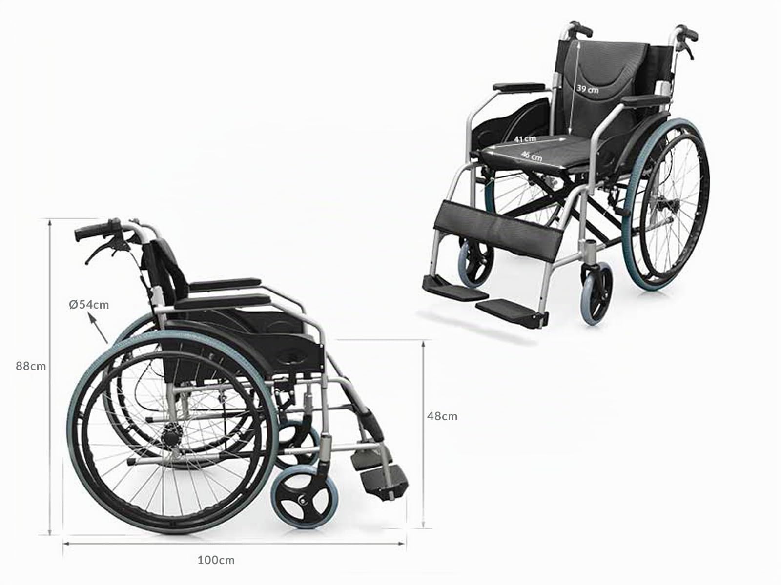 QUIRUMED Carrozzina manuale in alluminio, Pieghevole, Leggera, Larghezza sedile 46 cm, Freni a maniglia, Imbottita, Per disabili, Per anziani, Fino a 110 kg
