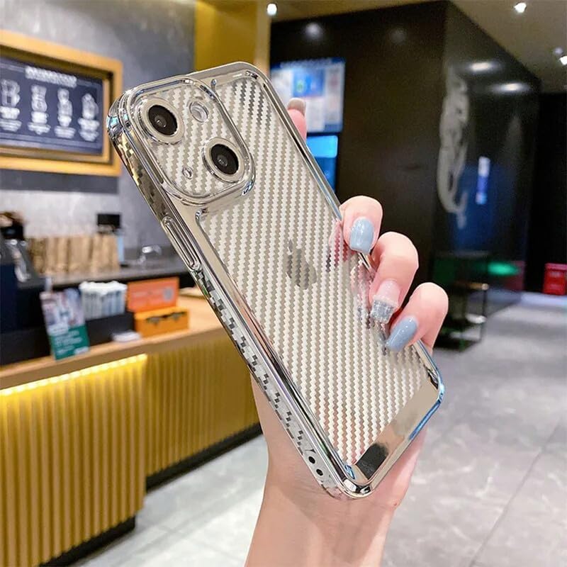 LuxuryKase Creative Plating Carbon Fiber Case Cover for iPhone 13 (TPU | Silver)