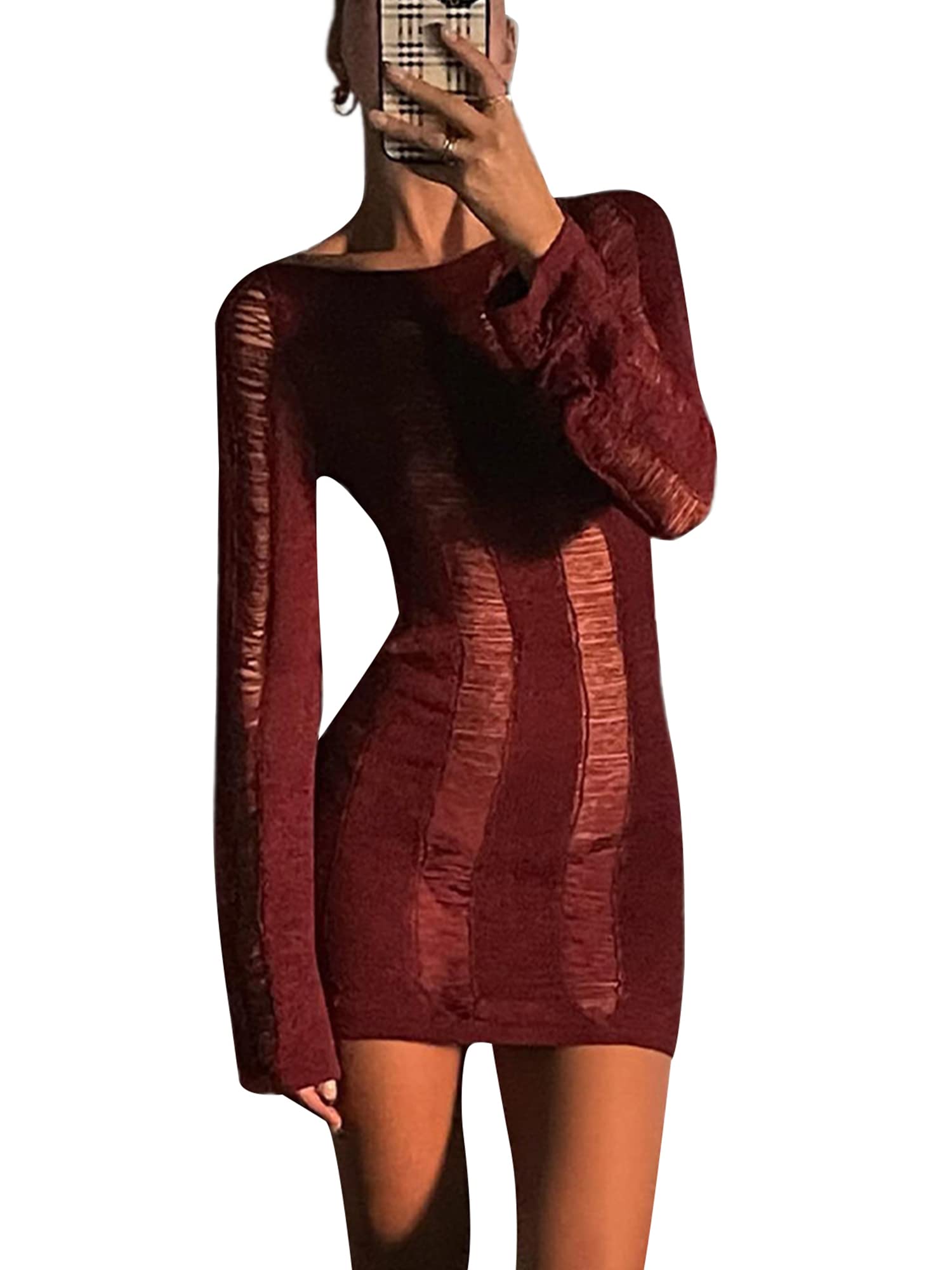 Acrawnni Women Y2K Hollow Out Dress Long Sleeve Round Neck Mesh Cut-Out Wrapped Mini Dress Clubwear Party Cocktail Clothes (A-Wine Red, M)