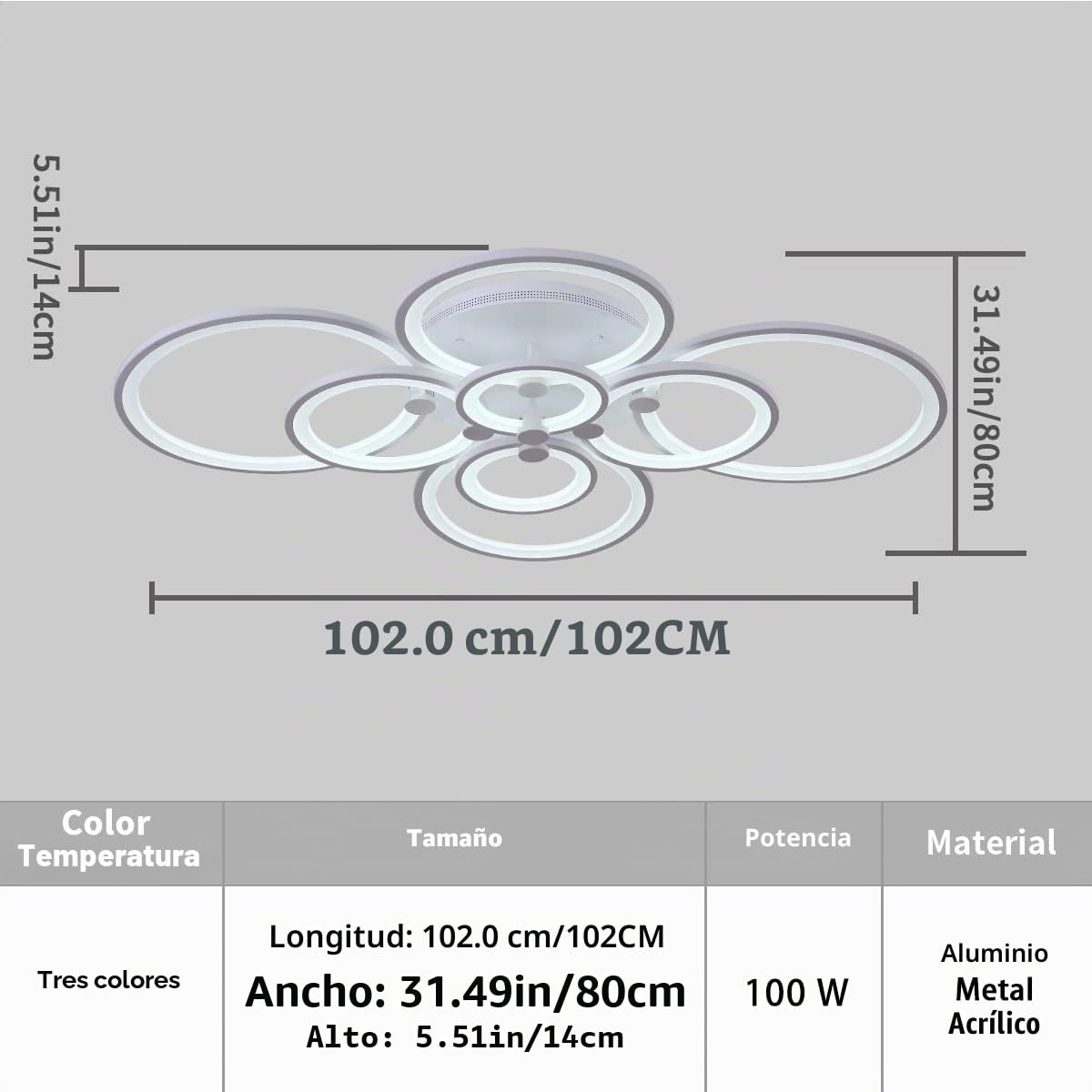 Ganeed Lámpara de techo regulable de 100 W con candelabros de control remoto para sala de estar cocina dormitorio comedor oficina de 8 anillos