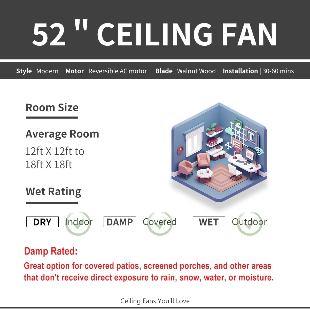 Blасk Frіdау - 40% оƒƒ 52 Inch Outdoor Black Ceiling Fan with Lights and Remote Control for Farmhouse/ Patios, 3 Walnut Wood Blades, 3 Downrod Included