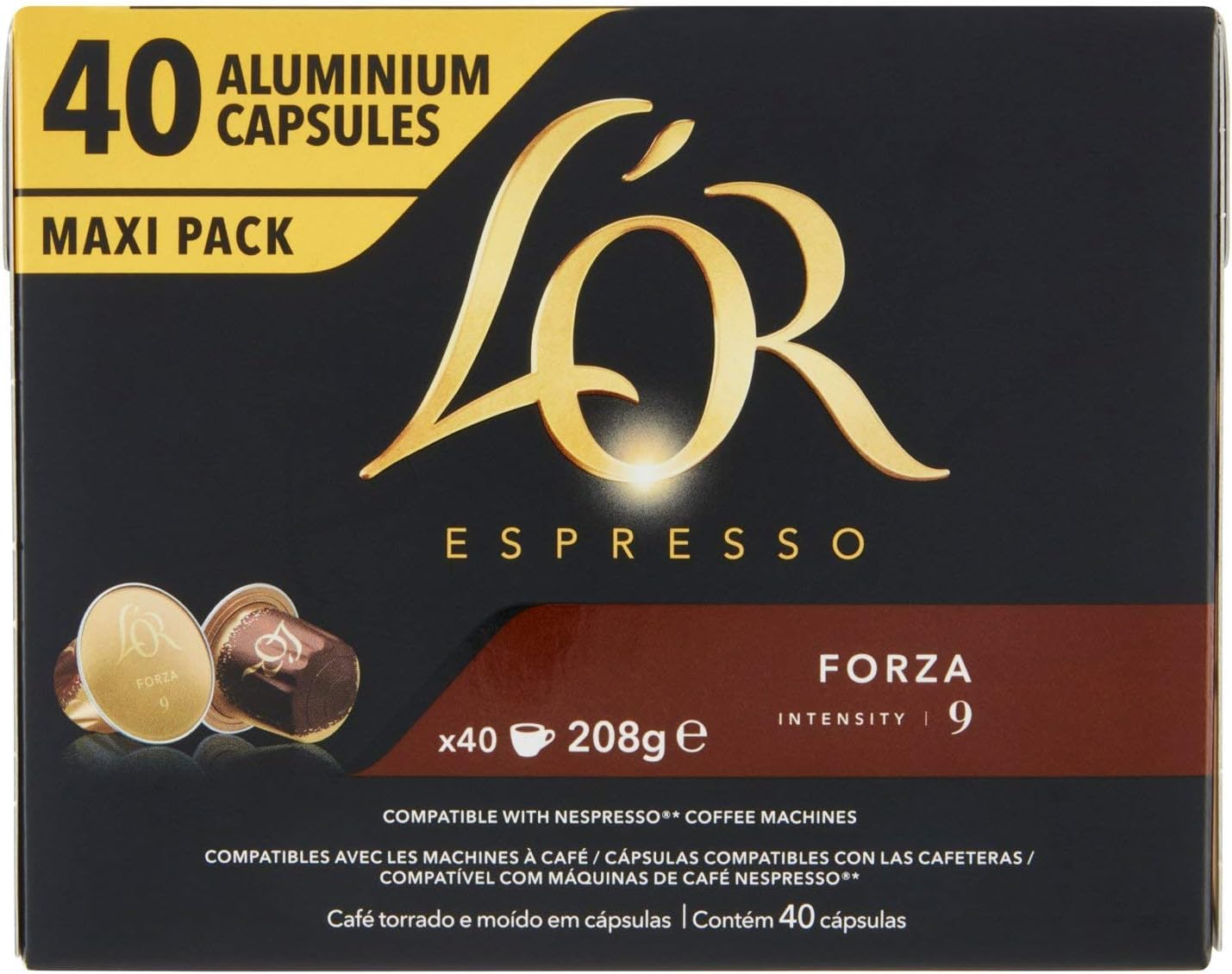 Caffè L'OR Espresso FORZA - 200 Capsule in Alluminio - Intensità 9 - Compostabili e Compatibili con Macchine Nespresso - 5 Confezioni da 40 -DD-