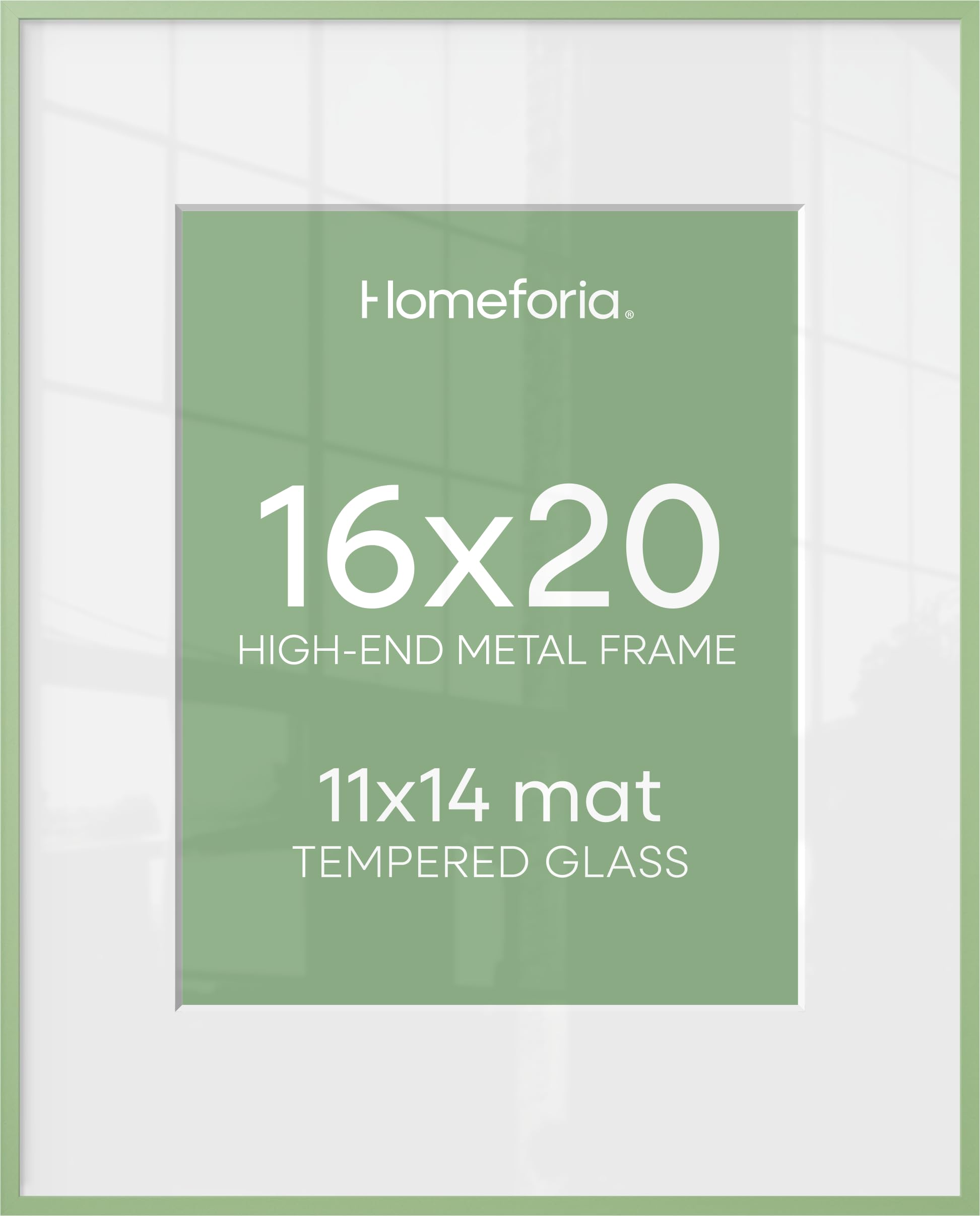 Homeforia 16x20 Sage Green Picture Frame, High End Metal 16x20 Poster Frame with Mat 11x14 inch Photo, 16 x 20 Sage Green Frame Matted to 11 by 14 Art, 20x16 Frame, Tempered Glass, Wall Kit, Set of 1