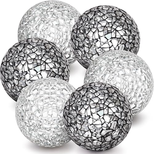 Kepfire 6 Pièces Boules de Verre en Mosaïque Solide 6cm Crépiter Orbes Boules Vases Maison Décoration - Argent & Noir
