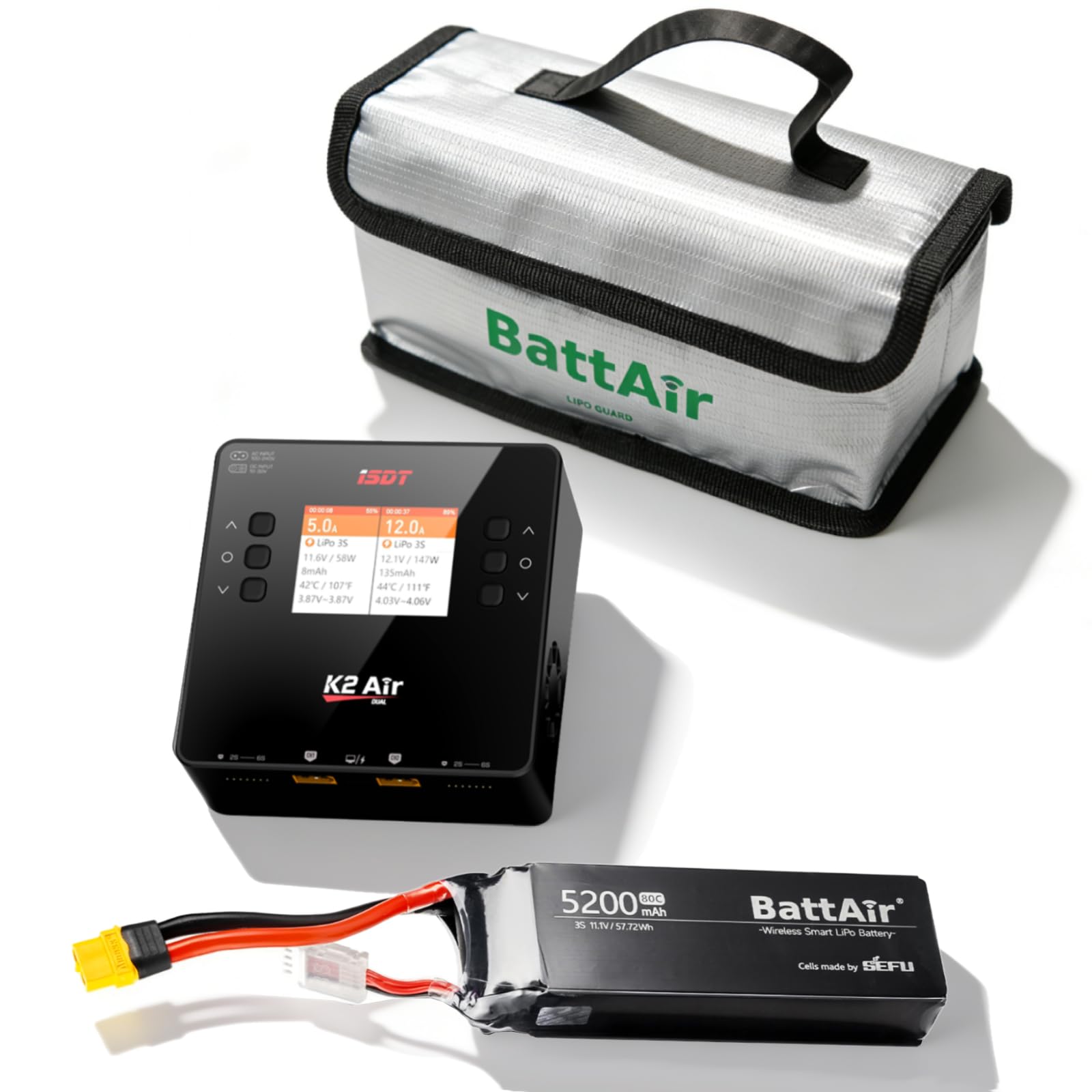 ISDT RC Ladegerät-Bundle: K2 AIR AC 200W DC 500Wx2 Dual-Channel LiPo Smart Balance Ladegerät & 3S 5200mAh 50C XT60 Smart Akku