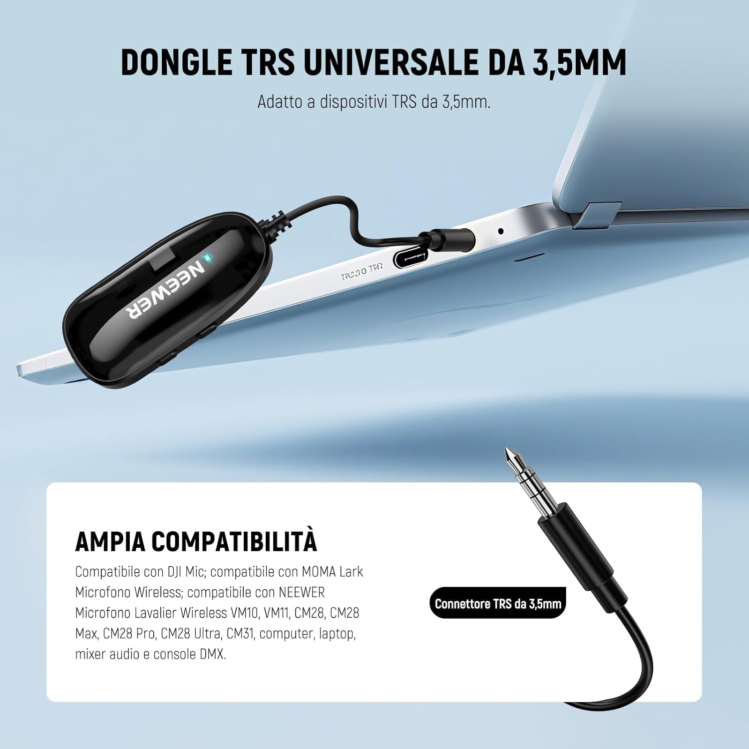 NEEWER EB01 Auricolari OWS Dongle Wireless 2.4G con Monitoraggio in Tempo Reale a Latenza Zero Antirumore Traccia Mono Portata 30m 24H per Jack Monitor TRS 3.5mm/Mic Lav Wireless/TV/Telefono/Laptop/PC