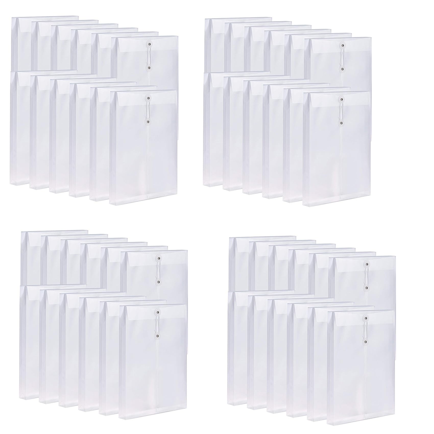 Confezione da 48 buste in plastica trasparente, espandibili, con chiusura a bottone e laccetto, formato A4