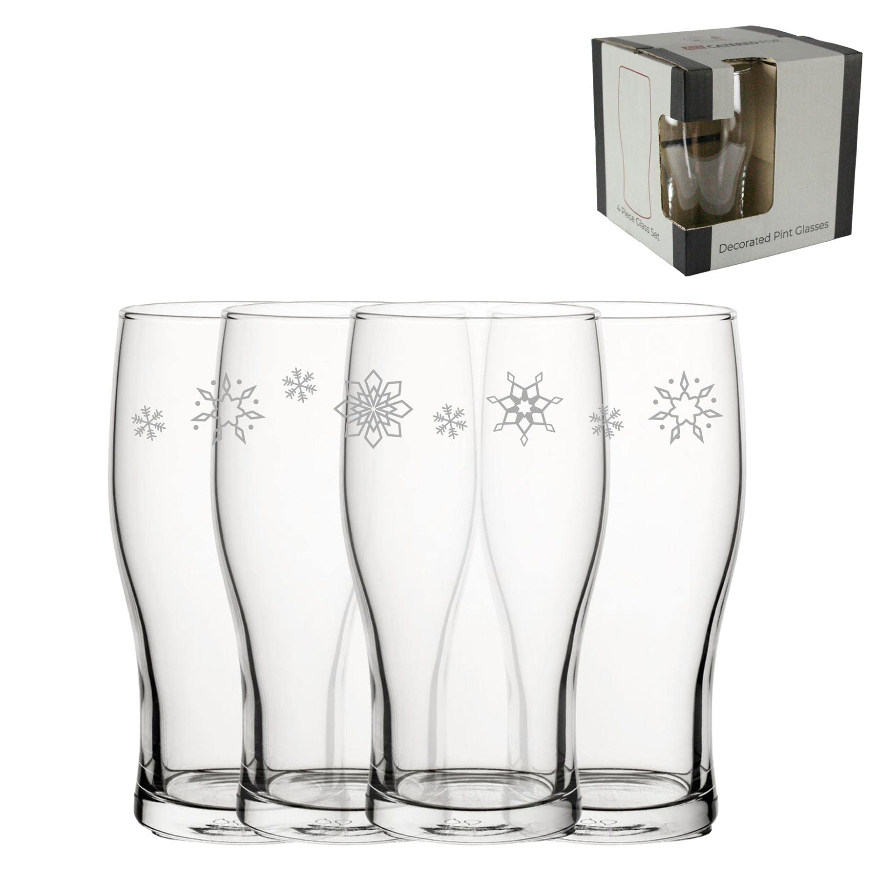 Lot de 4 verres à pinte gravés en forme de flocon de neige - 590 ml - Motif tulipe - Gravés au laser au Royaume-Uni - Cadeau de Noël pour elle ou lui - Cadeau de pendaison de crémaillère