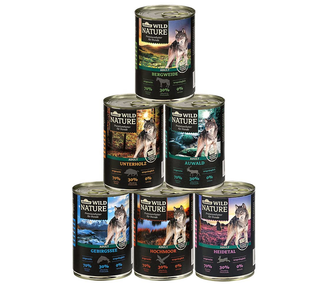 Dehner Wild Nature - Juego de degustación de Comida húmeda para Perros, sin Cereales, sin azúcar, para Perros Adultos, Pato, Caballo, Caza, Conejo, 6 latas de 400 g (2,4 kg)