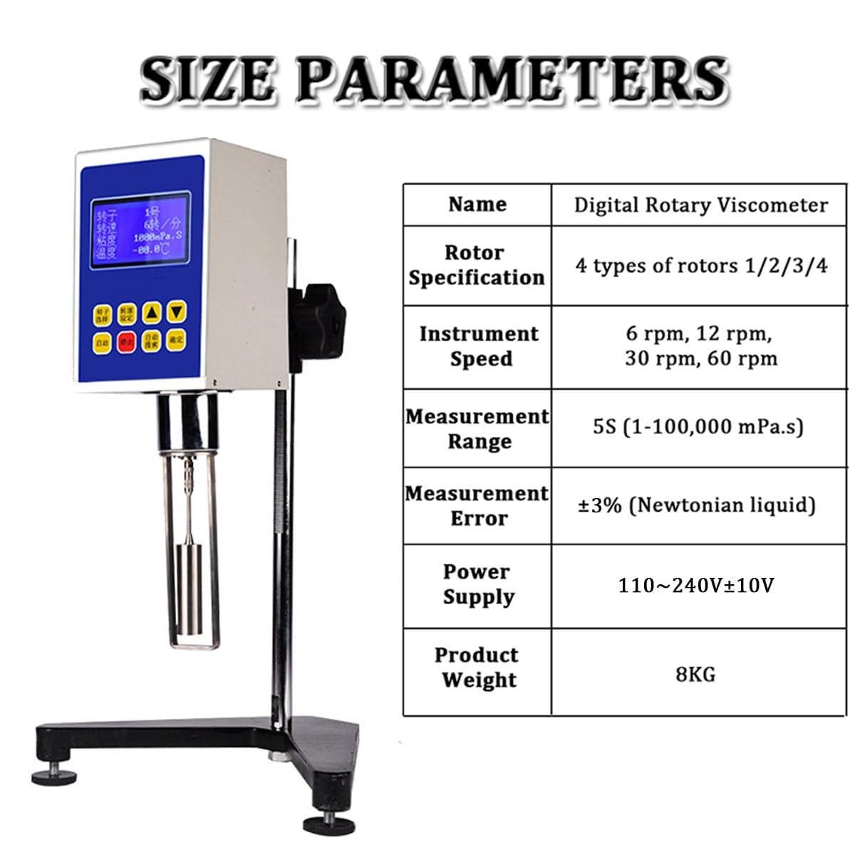 Viscosímetro de Laboratorio, viscosímetro rotatorio Digital, con Pantalla LCD y Cuatro husillos, medidor de viscosidad de 1 a 1000 mPa.s, ±3%.