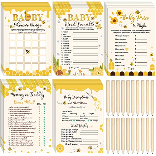 Image of Roowest 145 Pcs Bee Baby Shower Games Gender Neutral Set Includes 125 Pcs 5 Kinds Party Games 20 Pencils for Honeycomb Bee Baby Shower Decorations Favors Gender Reveal Party Supplies