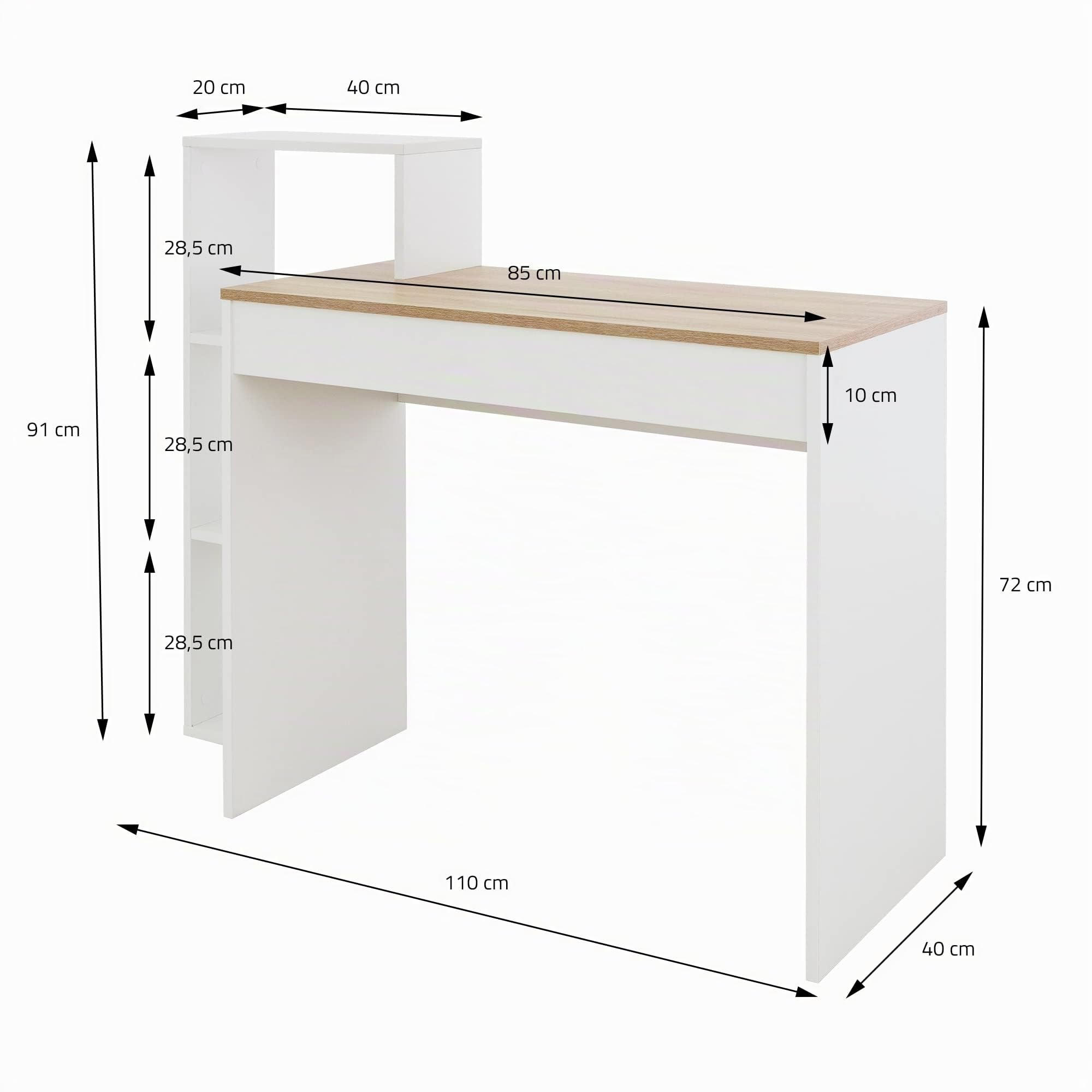 ML-Design Scrivania per Computer PC Laptop con 3 Ripiani 110 x 72 x 40 cm Tavolo da Lavoro per Casa Ufficio Studio Sistema 2 in 1 con Piano in Legno Rovere Sonoma/Bianco Scrittoio Postazione di Lavoro