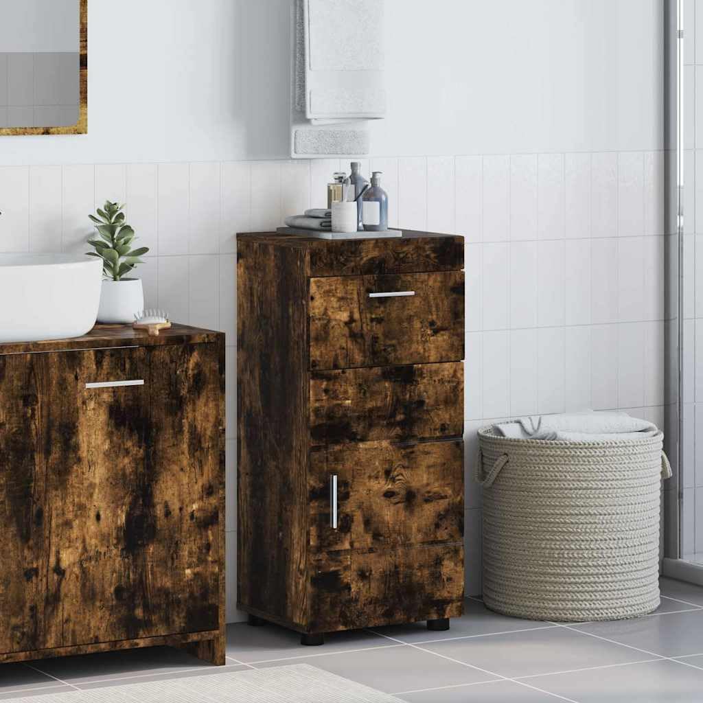 Tulum Armario de baño de roble ahumado, armario de baño con puerta, acabado mate, 37 x 31,5 x 82 cm, compacto vanidad para espacios pequeños, mucho espacio de almacenamiento, fácil montaje