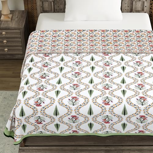 Image of BLOCKS OF INDIA Hand Block Printed Cotton Single Size Reversible Malmal Dohar for Summer (Green Patti)