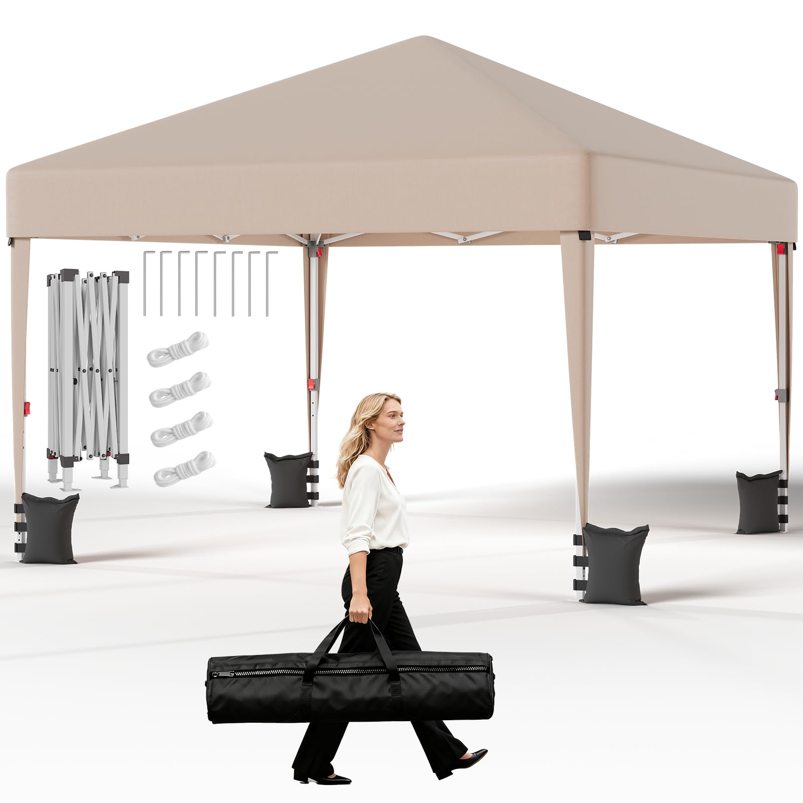 JUMMICO Tonnelle Pliante 3x3m Imperméable Anti-UV Hauteur Réglable - Beige | Pliage et Rangement Faciles - Système Amélioré Stable - Idéale Jardin, Camping, Fêtes et Loisirs