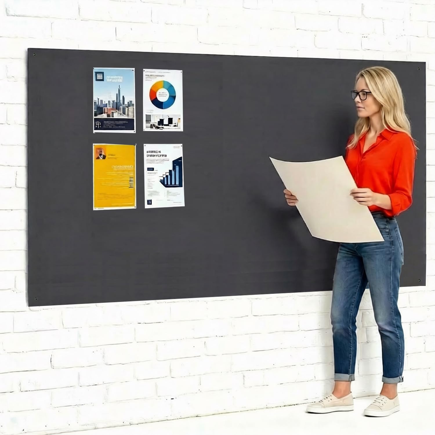 Frameless Fire-Retardant Charcoal Noticeboard, 120 x 180 cm, Large Display Message Pinboard, Recycled, Wall-Mounted - 12 Colours to Choose from - Ideal for Office, Classroom