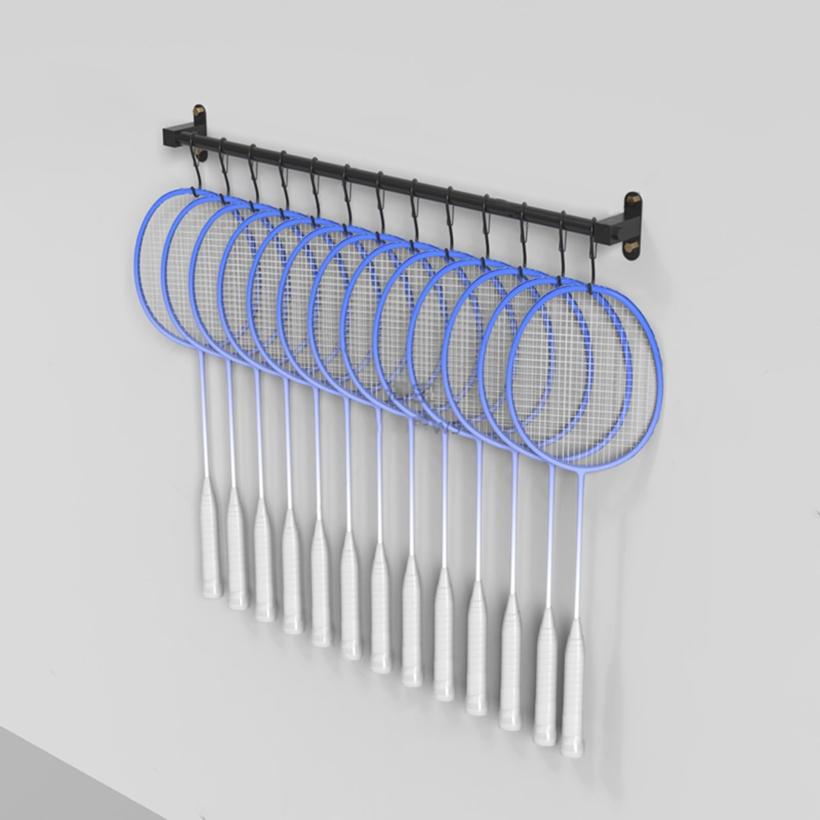 Supporto per racchette da parete con gancio a S, espositore nero per racchette da badminton / tennis, da appendere, per casa, ufficio, garage, attrezzatura sportiva, risparmio di spazio