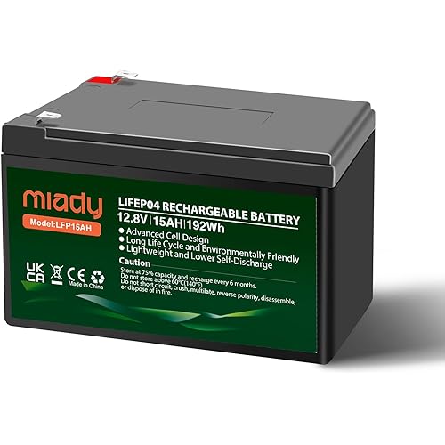 Miady 12V 15Ah Lithium LiFePO4 Deep Cycle Battery,3000 Cycles Rechargeable Battery For Small UPS,Fish Finder,Power Wheels,Scooters,Solar Power Built-in 15A BMS（5.9" L x 3.7" W x 3.9" H）