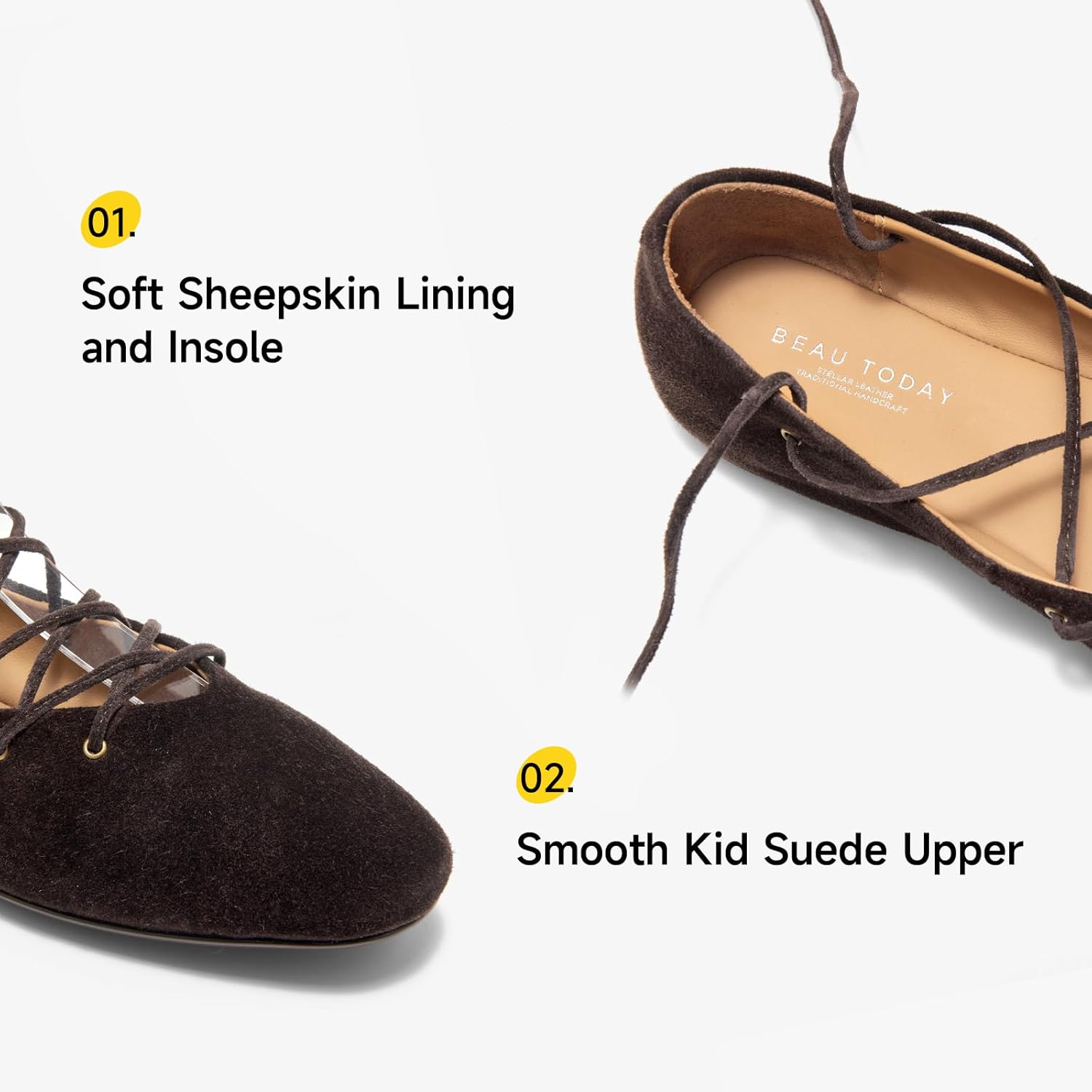 BEAU TODAY Women's Lace Up Ankle Strap Ballet Flats, Genuine Leather Trendy Flat Shoes for Women, Comfortable Dressy Slip-On Round Toe Ballerina Flats