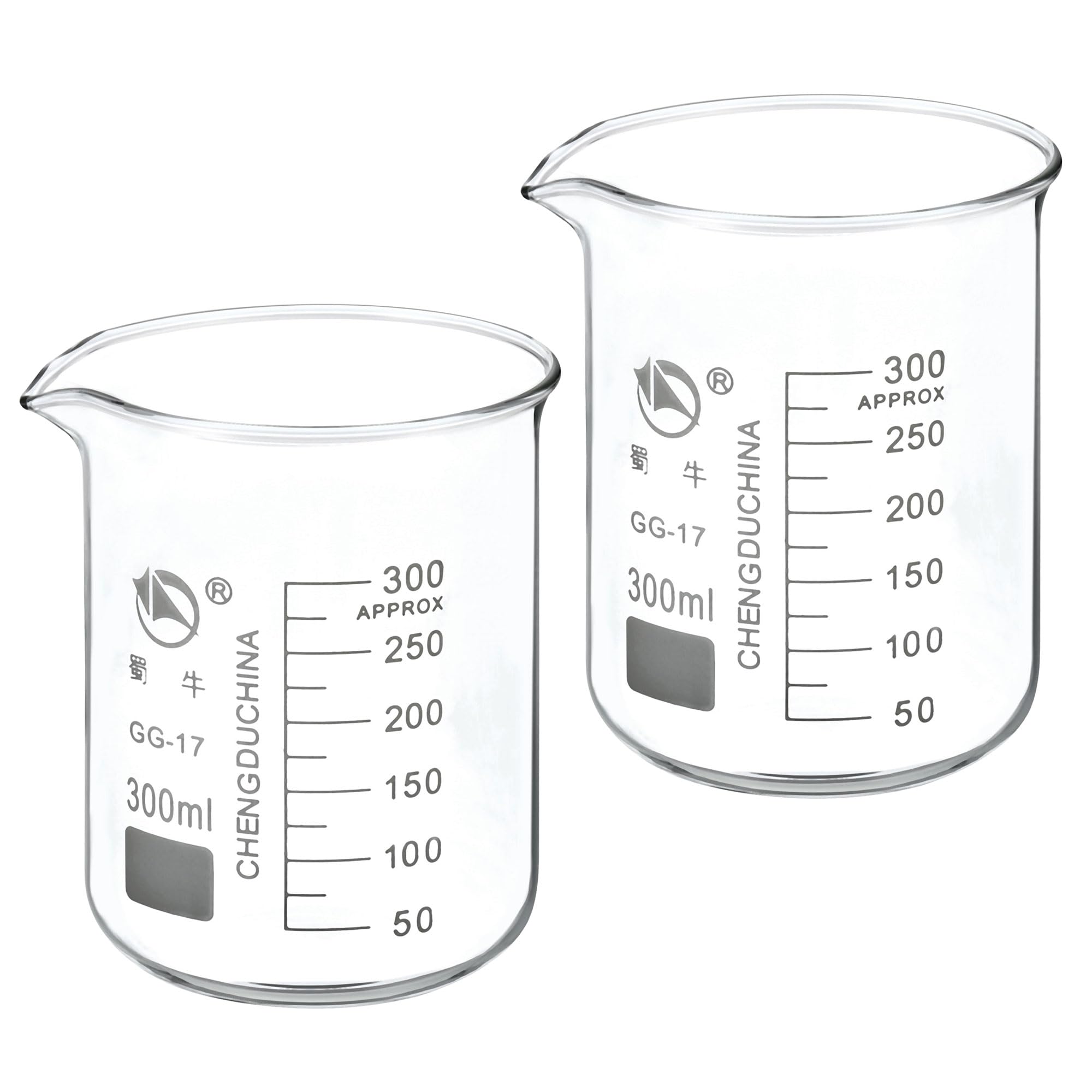 YOKIVE 2 Pcs Low Form Glass Beaker, Laboratory Use Liquid Measuring Cup, Great for Lab, Kitchen, Daily Use (Clear, 300ML)