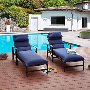 LOKATSE HOME 2 Pieces Outdoor Patio Chaise Lounge Blue Removable Cushions and Pillows with Adjustable Backrest and Armres Reclining Beach Poolside Balcony Backyard Garden 2 Chairs