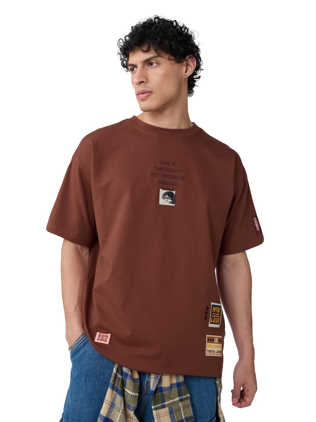 Baki Hanma: Badges Men and Boys Short Sleeves Round Neck Brown Embellished Cotton Oversized T-Shirts-image-34