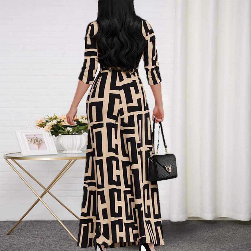Image of CaniBtr Maxi Dresses for Women Plus Size 3 /4 Sleeve Long Dress with Belt