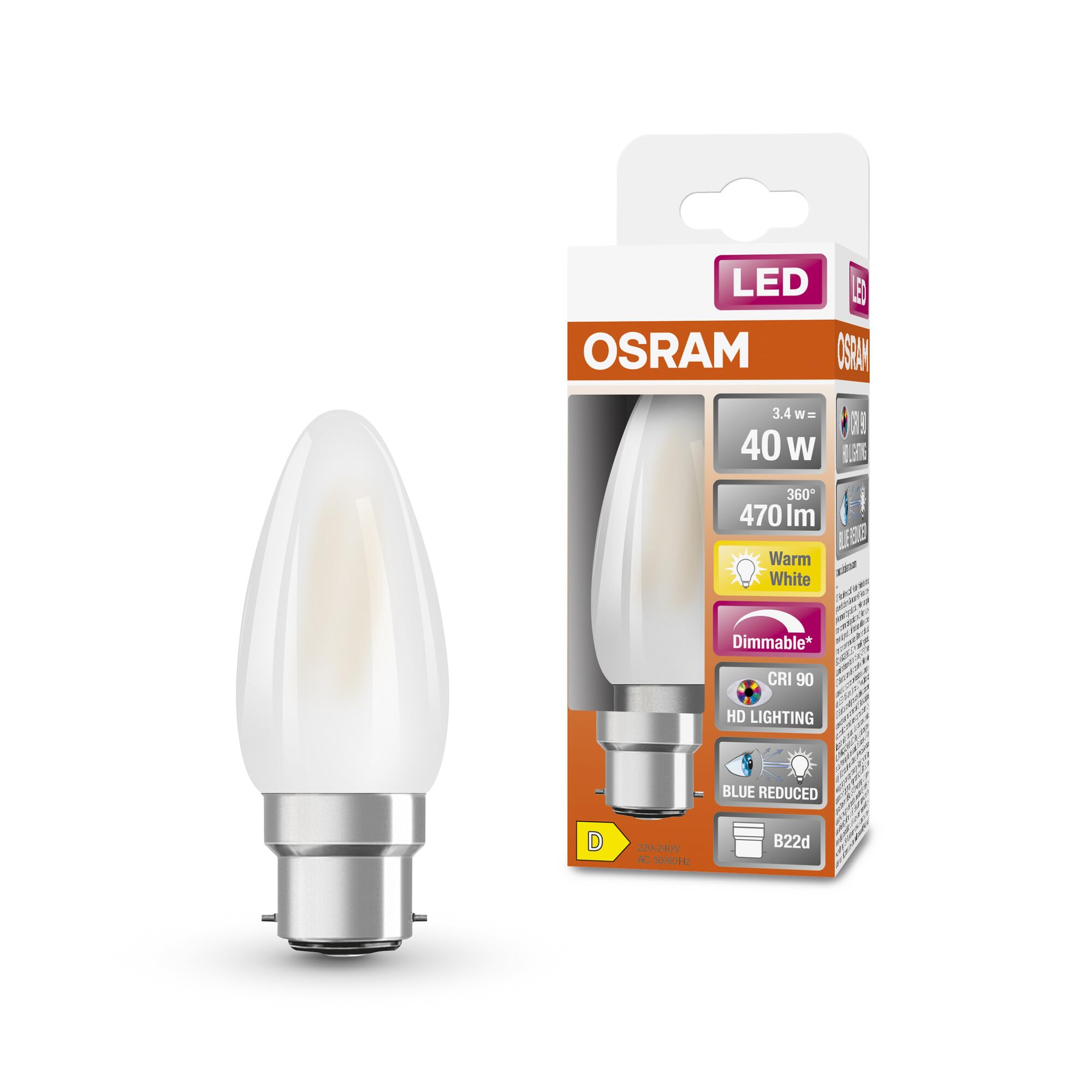 OSRAM Superstar dimmable LED lamp with Extra high Colour Rendering (CRI90), B22d-base Frosted Glass,Warm White (2700K), 470 Lumen, 40W-Replacement, dimmable, 1-Pack