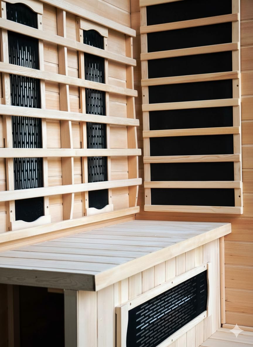 CONCEPT USINE | Sauna a infrarossi di lusso a 2 posti in legno | Calore a secco economico | 5 diffusori a infrarossi | cromoterapia 7 colori | controlli LCD + radio | 1690 W | Compatto e rilassante