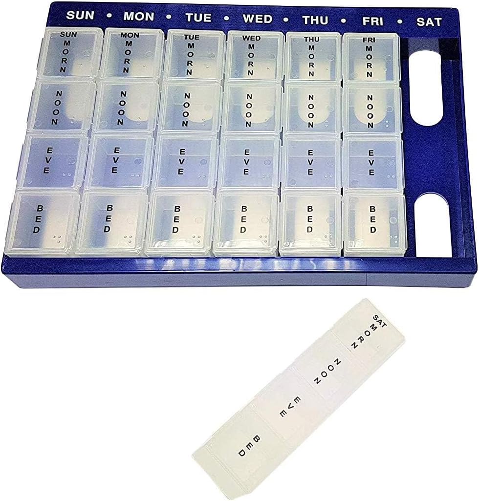 – Healthcare 7 Day Weekly Pill Organizer 4 Times Daily – 28 Compartment Medicine Storage Box, Detachable Dosette Case, Large Tablet Vitamin Holder, Travel Medication Dispenser