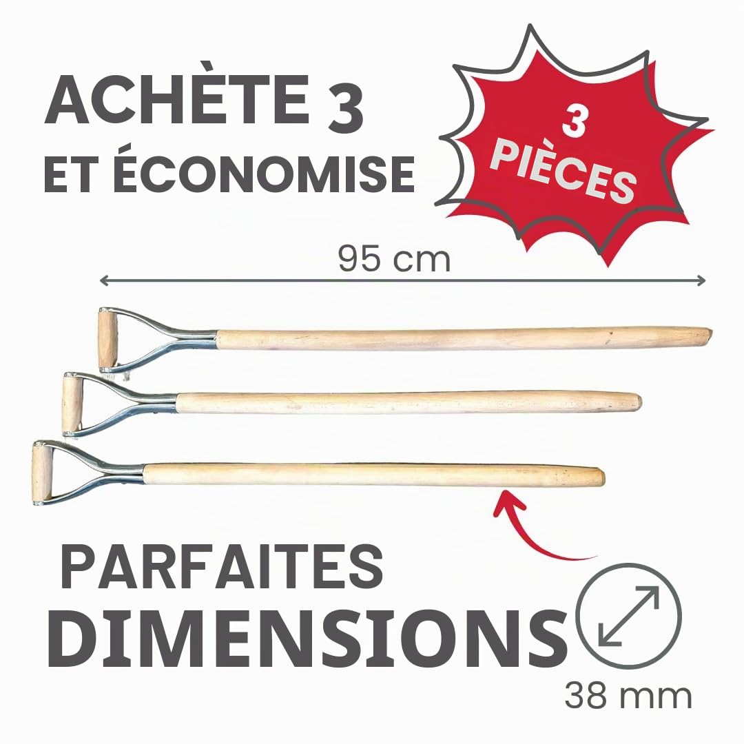 Lot de 3 manches de bêche en bois avec poignée en métal DY - Fabriqué en UE
