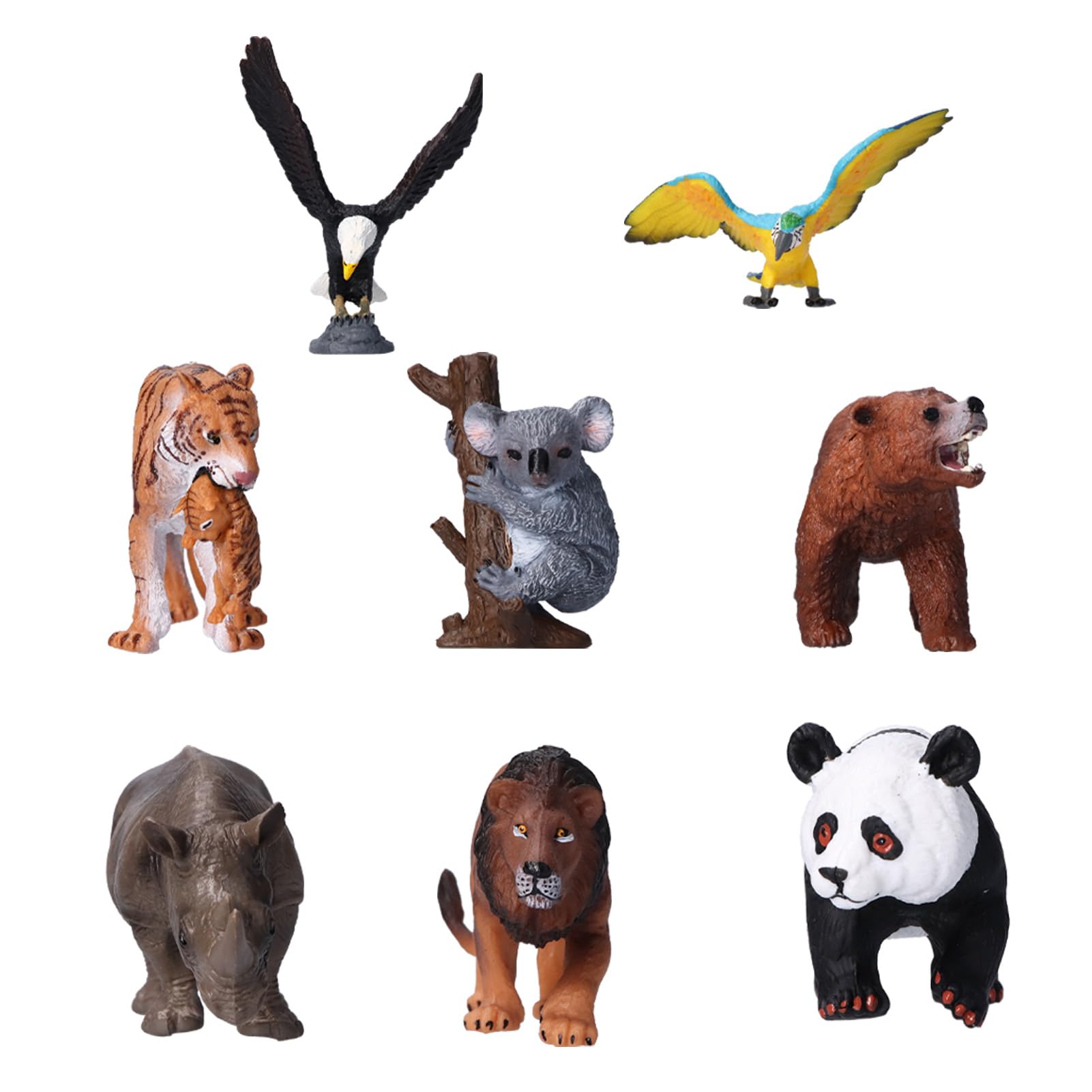 8 Piezas Figuras de Animales Salvajes Juguetes de plástico Animales de la Selva Conjunto de Juguetes con Tigre Koala Panda Guacamayo simulación educativa Safari para Bosque