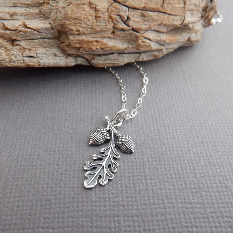 Collar de dos bellotas de plata de ley 925 con dije realista de roble 3