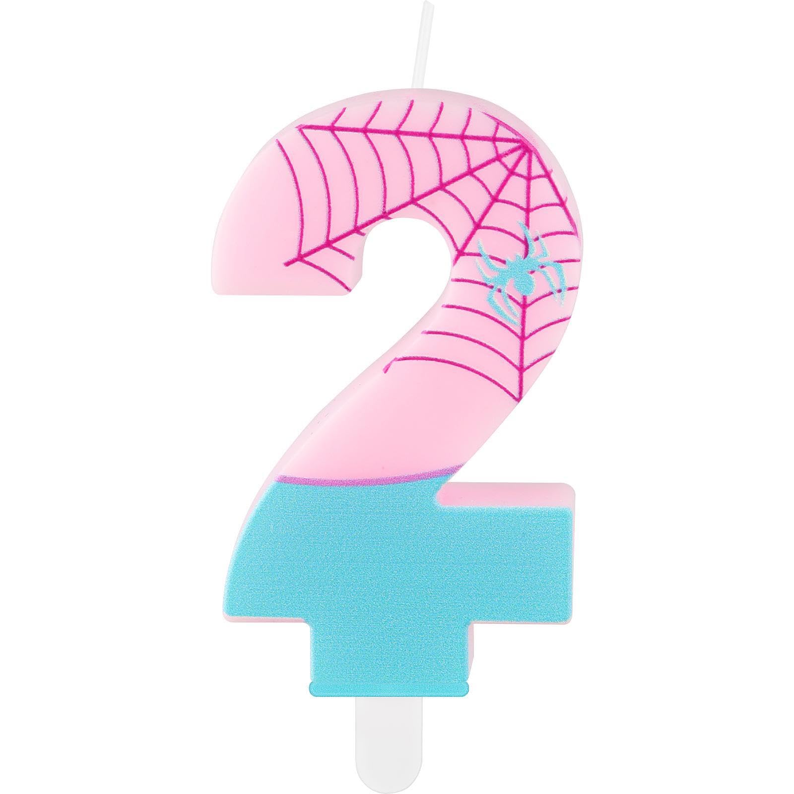 iNINGER Spider Number Candle,Pink Birthday Candles for Cake Happy 2nd Birthday Candles Number 2 Candle Decorations for Spider and His Amazing Friends