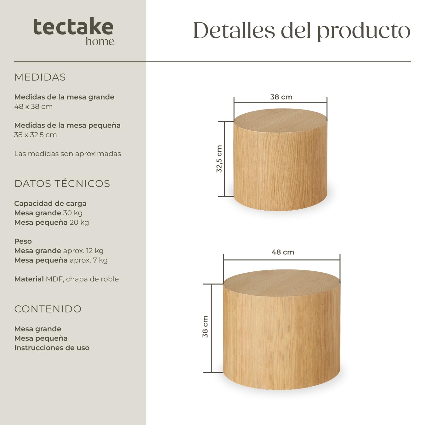 tectake® Juego de mesas auxiliares Redondas, Mesa Redonda pequeña Ideal como Mesa Auxiliar Salon, Mueble Auxiliar Salon, mesas Redondas Estilo Moderno - Roble Claro
