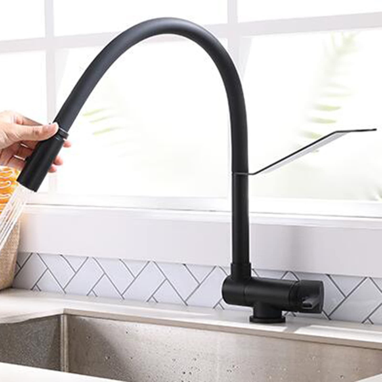 Grifo Cocina Abatible para Ventana, Grifo de Cocina Latón Agua Fría y Caliente Modo Ducha Multifunción, Grifos Cocina para Ventana-Negro