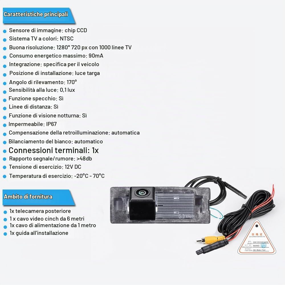 Telecamera per retromarcia, IP67, impermeabile, visione notturna, telecamera di ricambio per Fiat Panda Mk3 Mk4 Type 169 312 319 2003-2012 OEM: 71734797