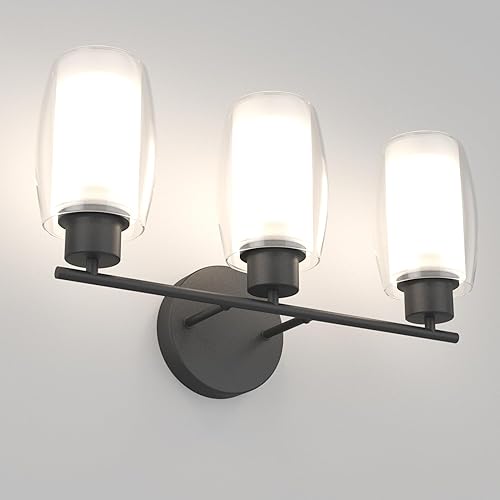 Miniatura 7 de Aipsun Lámpara de tocador negra de 3 luces para baño con vidrio transparente y vidrio esmerilado, moderno bahthroom que pasa sobre el espejo