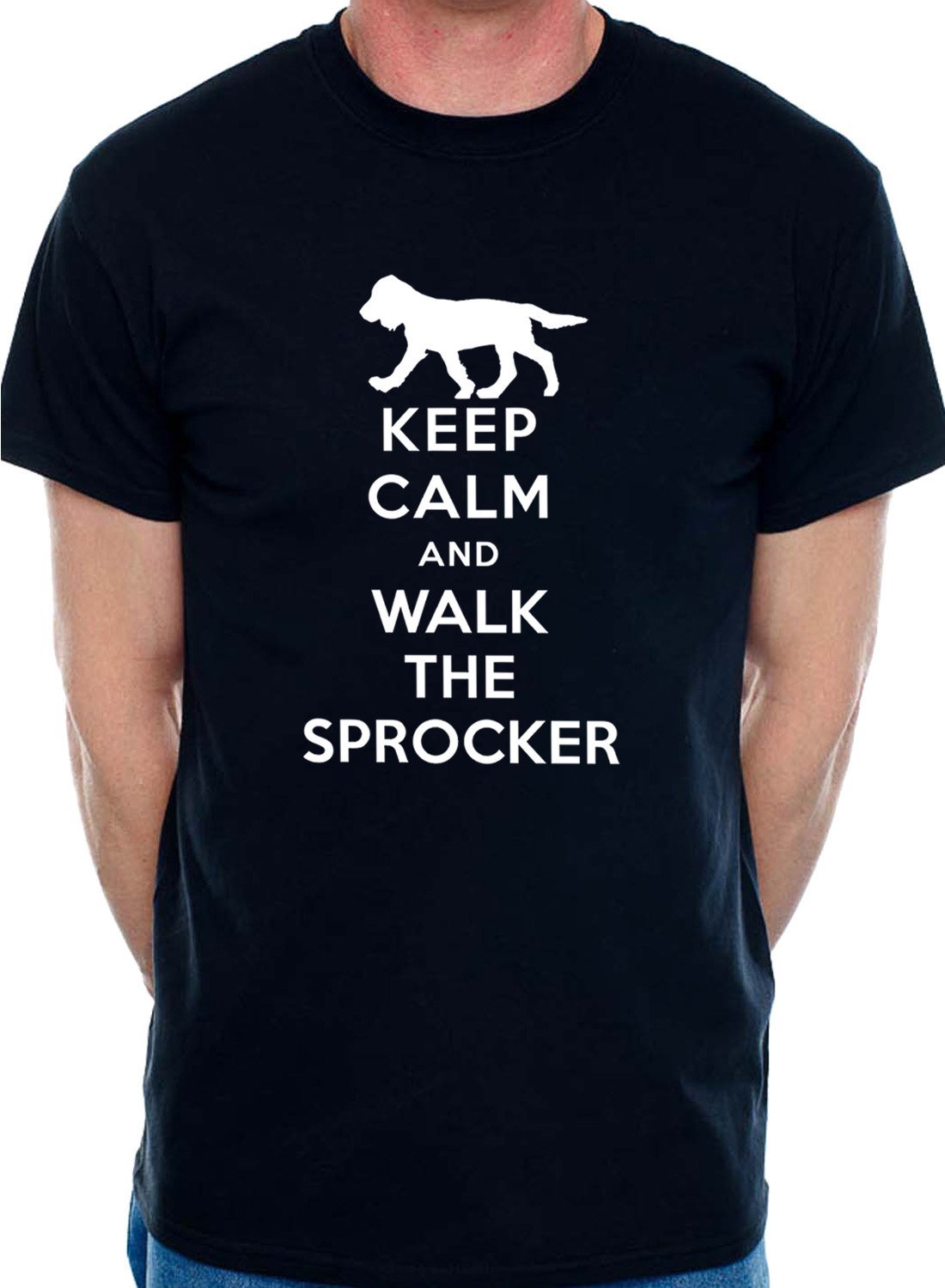Print4U Mens T-Shirt Keep Calm & Walk The Sprocker Dog Medium Black