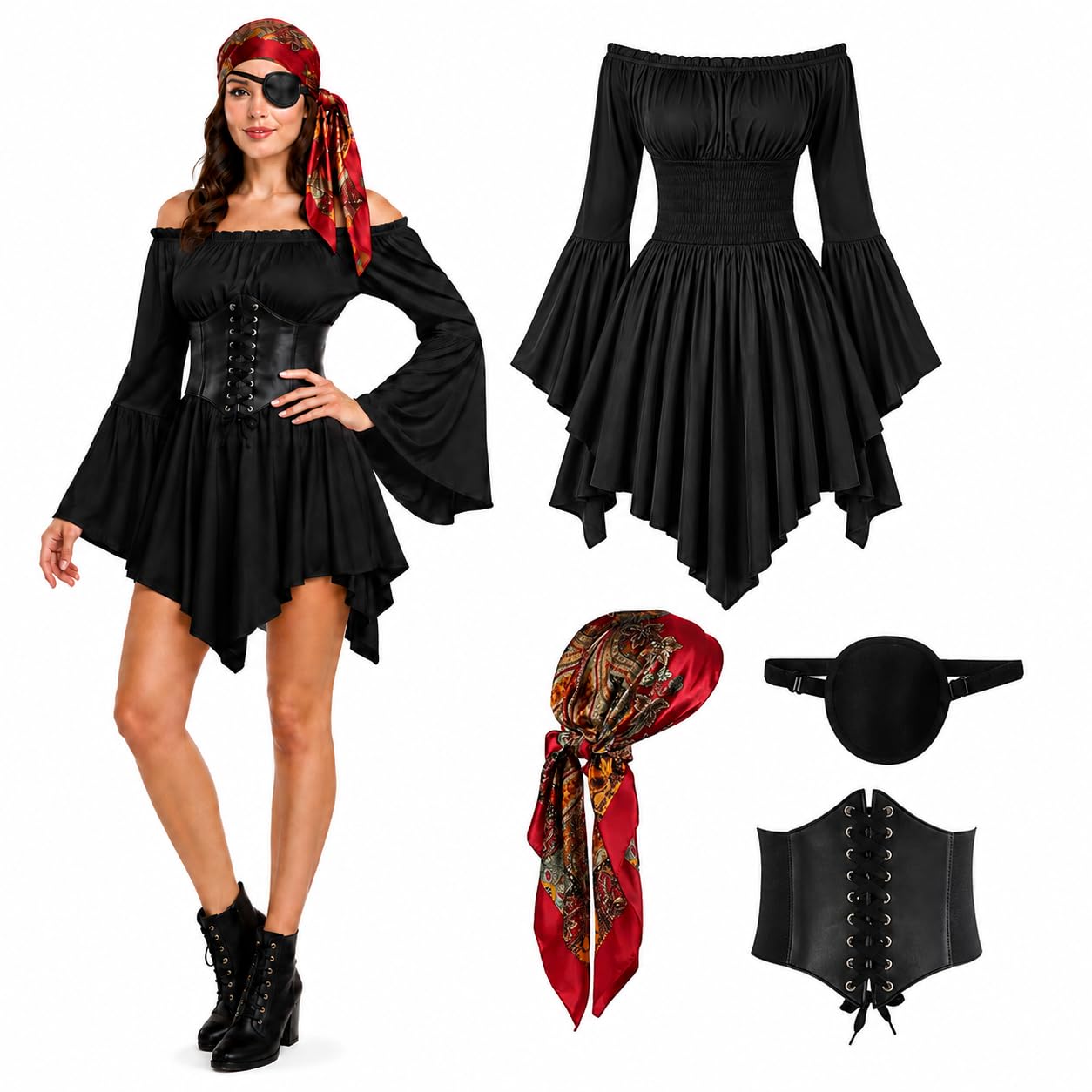 Pirate Costume Women, 4Pcs Pirate Role Play Outfit Kit with Off Shoulder Dress Eye Patch Waistband Headscarf for Adult Halloween Medieval Viking Costume Cosplay Party Stage Performance