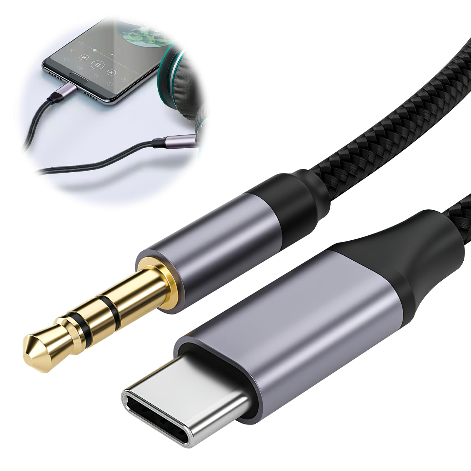 Hemlosk Câble USB C vers 3.5mm Jack 2M, Cable Auxiliaire USB C Jack, Rallonge Auxiliaire Stéréo pour Audio Voiture, Compatible avec iPhone 16/15 Plus Pro Max, Galaxy S24/S23/S22/S21 Ultra, Pixel