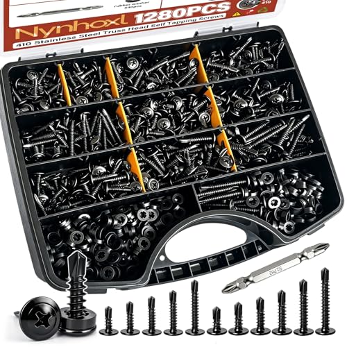 Nynhoxl 1280pcs #8#10 Self Tapping Screws for Metal, 410 Stainless Steel Truss Head Self Drilling Screws, 11 Sizes 1/2' - 1-1/2' Sheet Metal Screws Assortment Kit with Washers